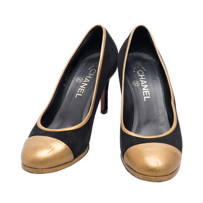 CHANEL Suede Gold Black Two-tone Pumps Heels G29353 38.5