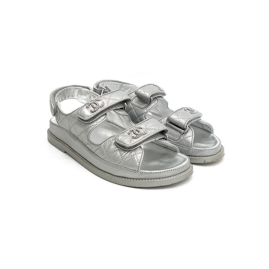 CHANEL Velcro Sandals Size 37 Silver 2ET1921
