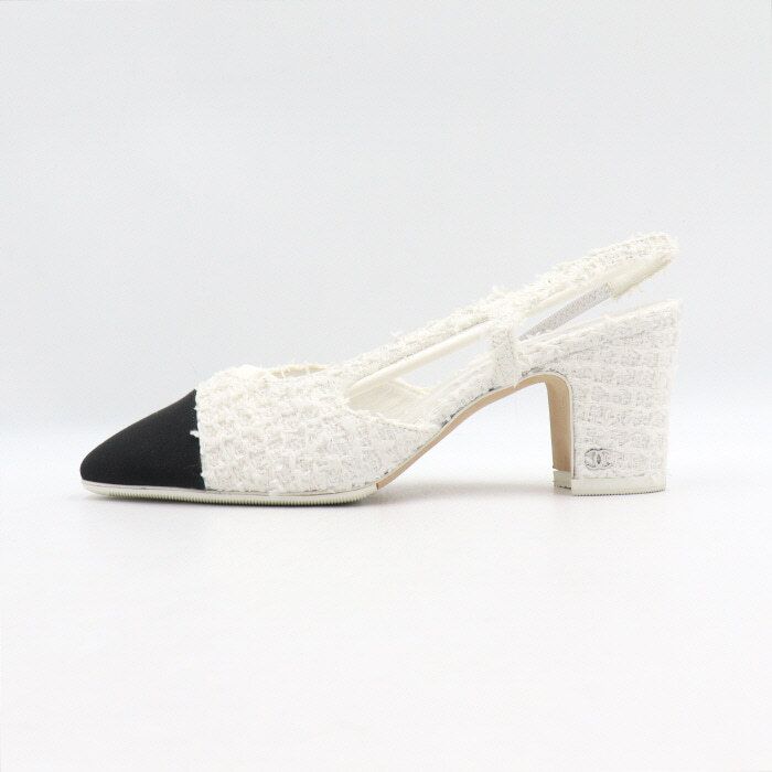 CHANEL White Tweed CC Logo Heel Women's Slingback Shoes G31318