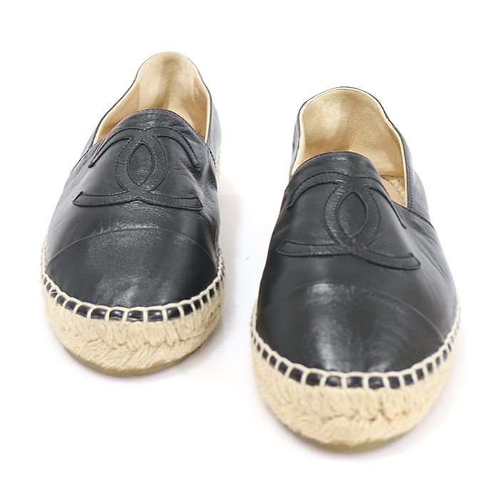 CHANEL Women's Black Lambskin Espadrille Slip-Ons Size 36 G29762