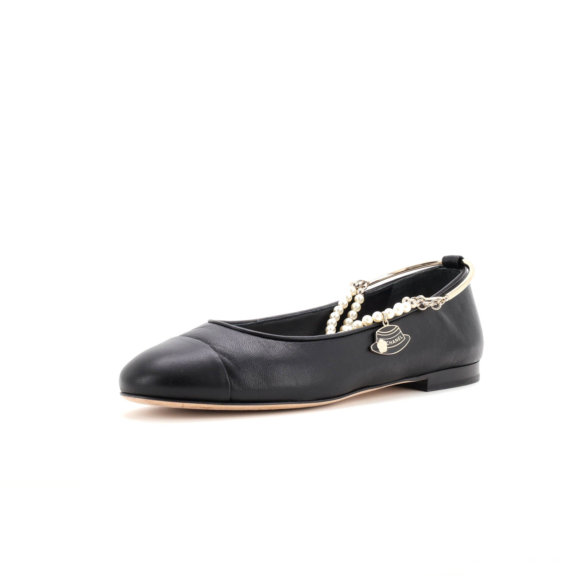 CHANEL Women's Cap Toe Ankle Chain Ballerina Flats Leather with Faux Pearls
