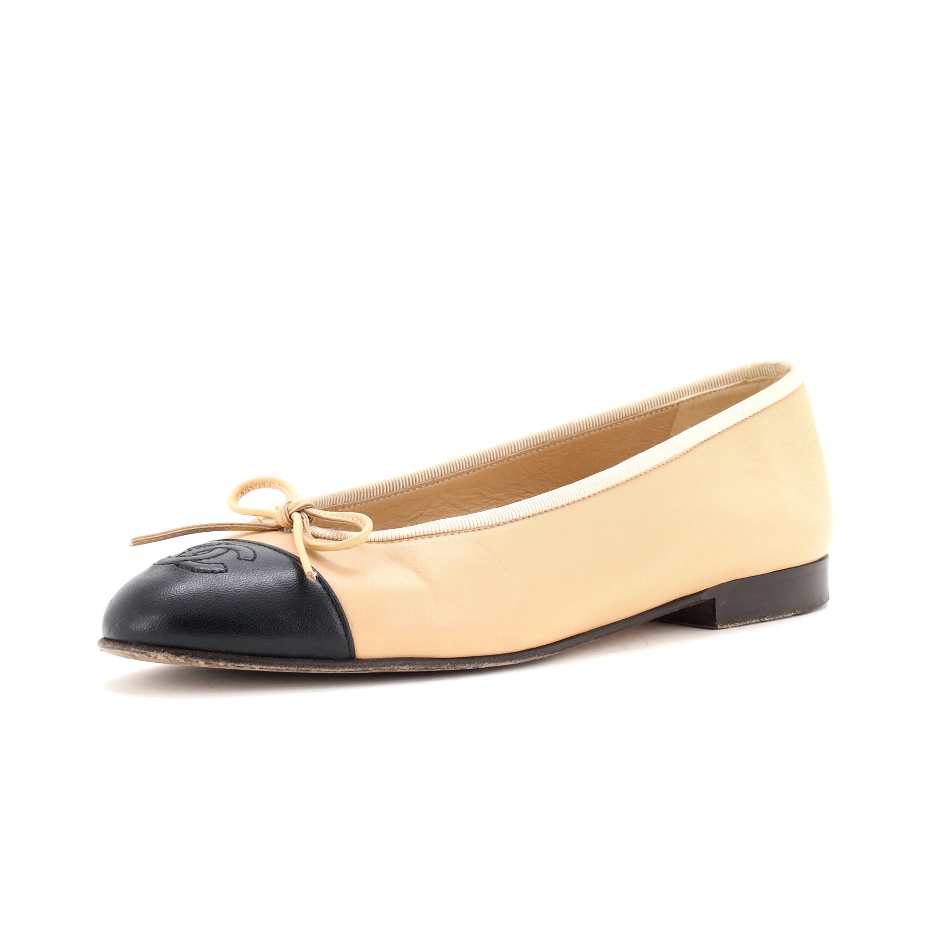 CHANEL Women's CC Cap Toe Bow Ballerina Flats Leather