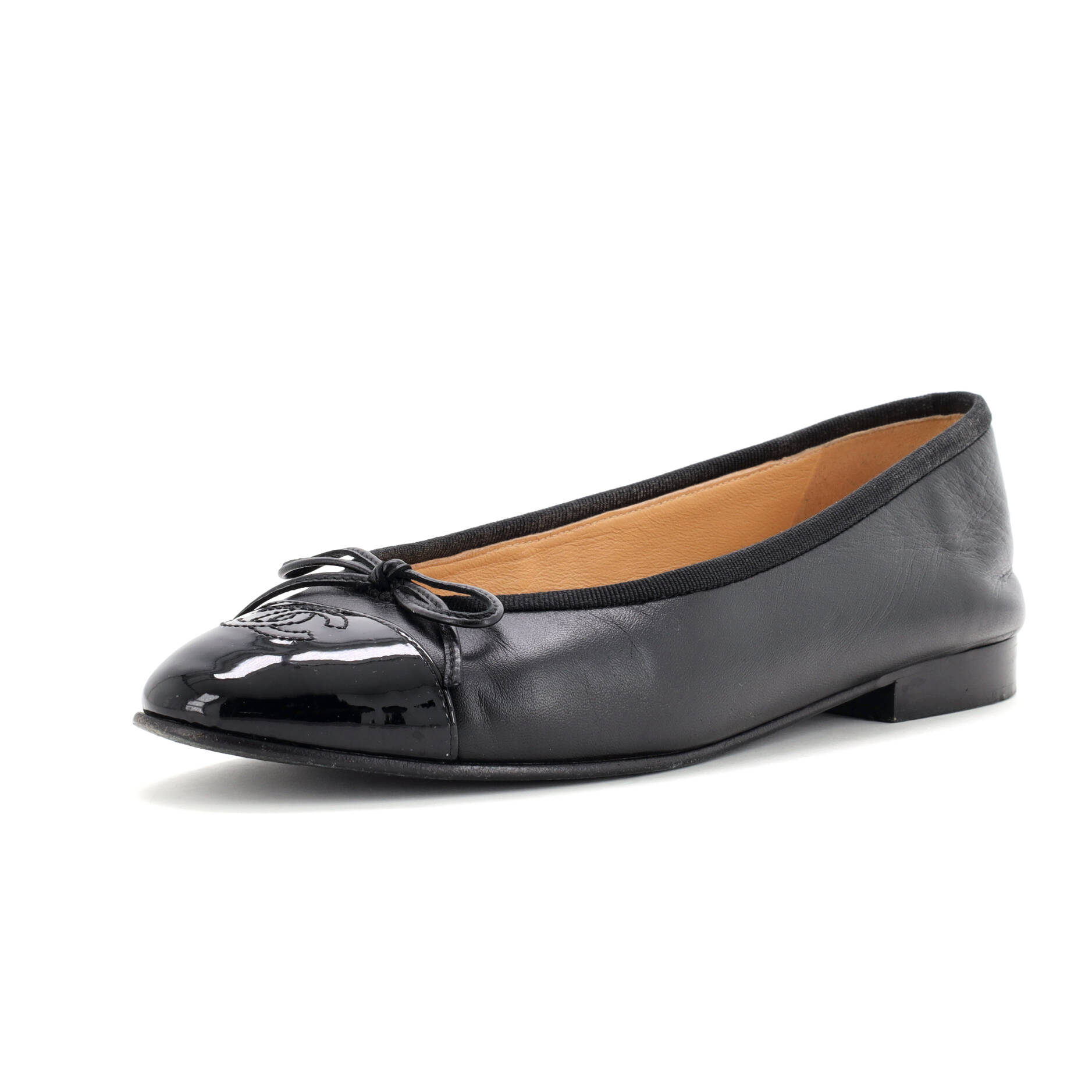 CHANEL Women's CC Cap Toe Bow Ballerina Flats Leather and Patent