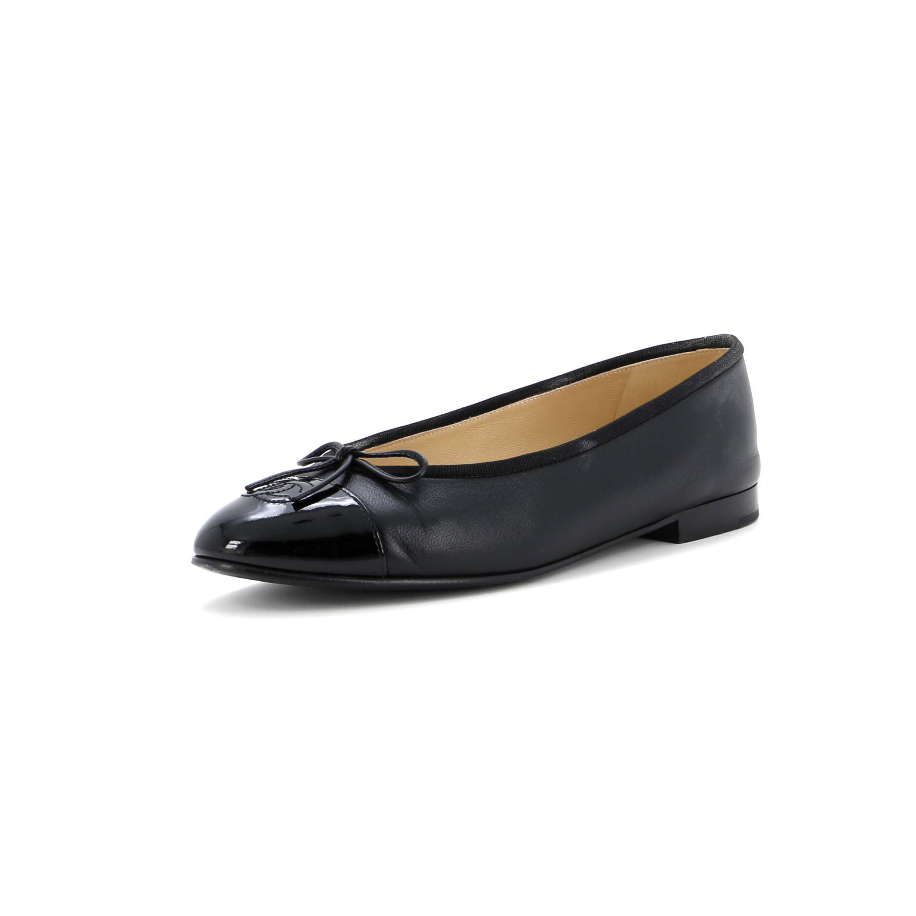 CHANEL Women's CC Cap Toe Bow Ballerina Flats Leather and Patent