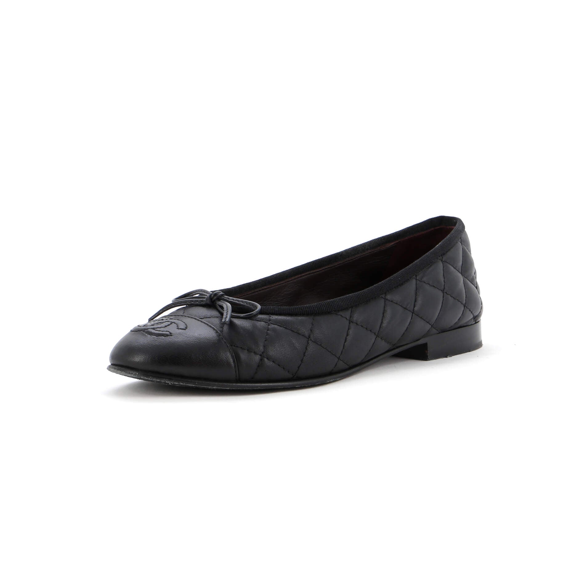 CHANEL Women's CC Cap Toe Bow Ballerina Flats Quilted Leather