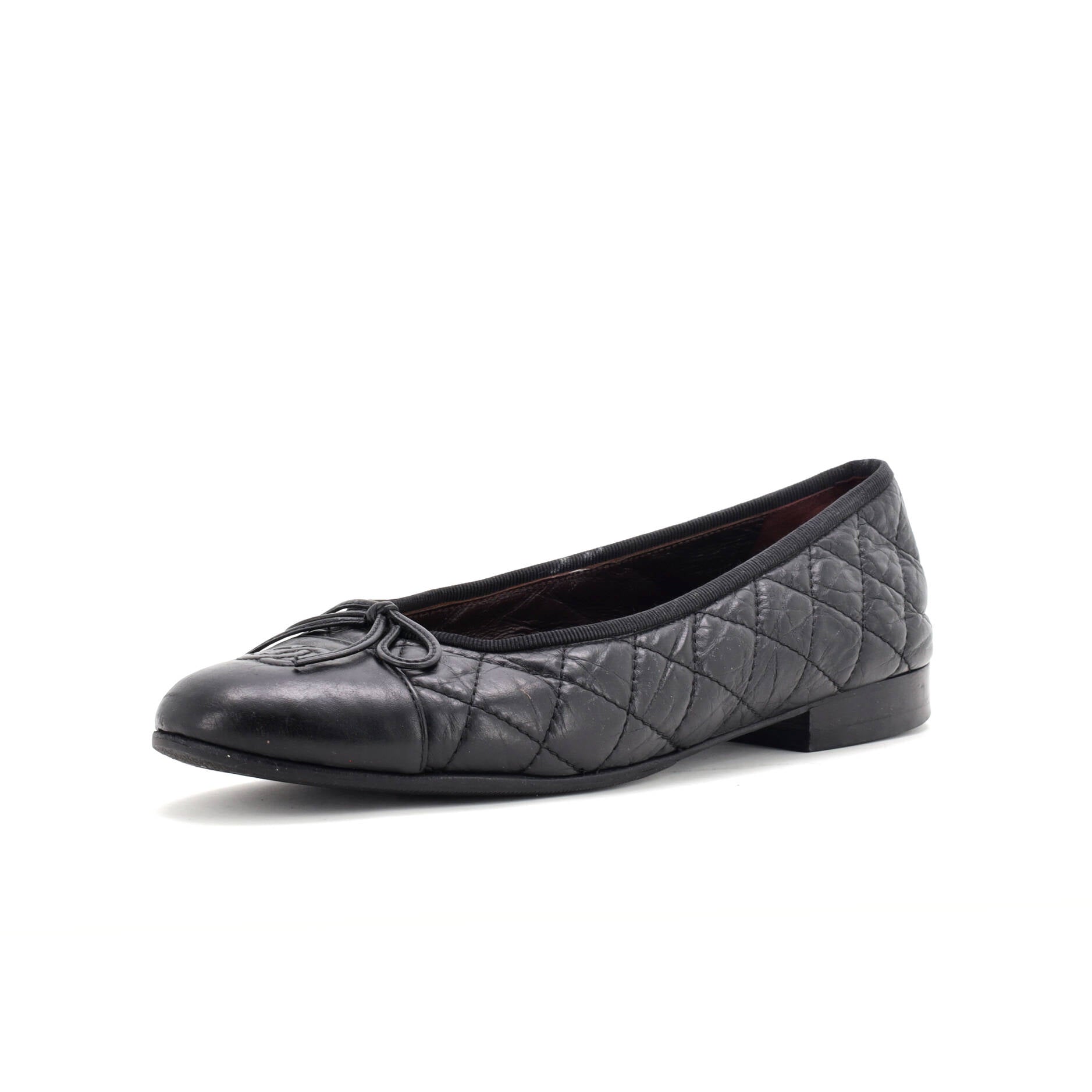 CHANEL Women's CC Cap Toe Bow Ballerina Flats Quilted Leather