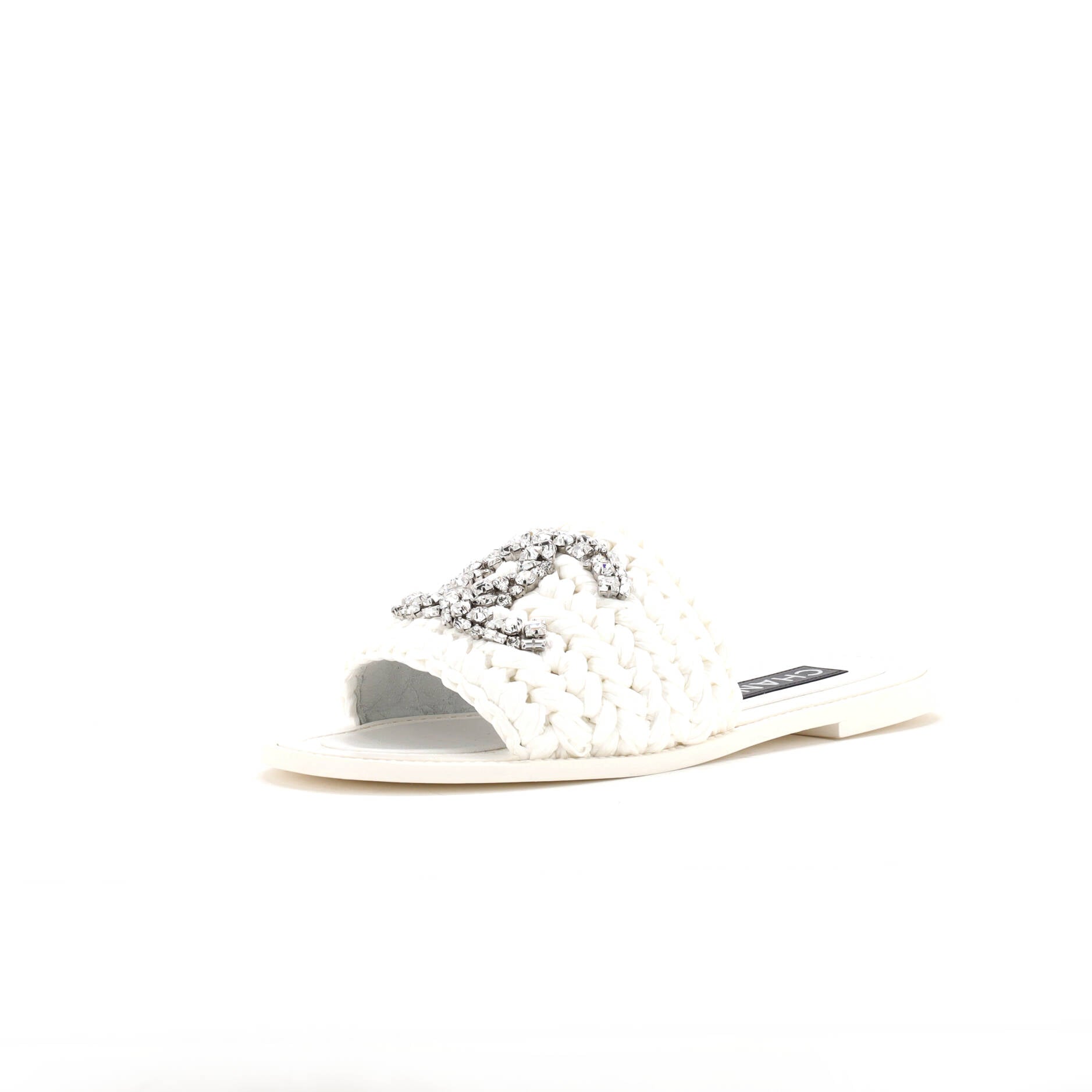 CHANEL Women’s CC Slide Sandals Crystal Embellished Woven Raffia