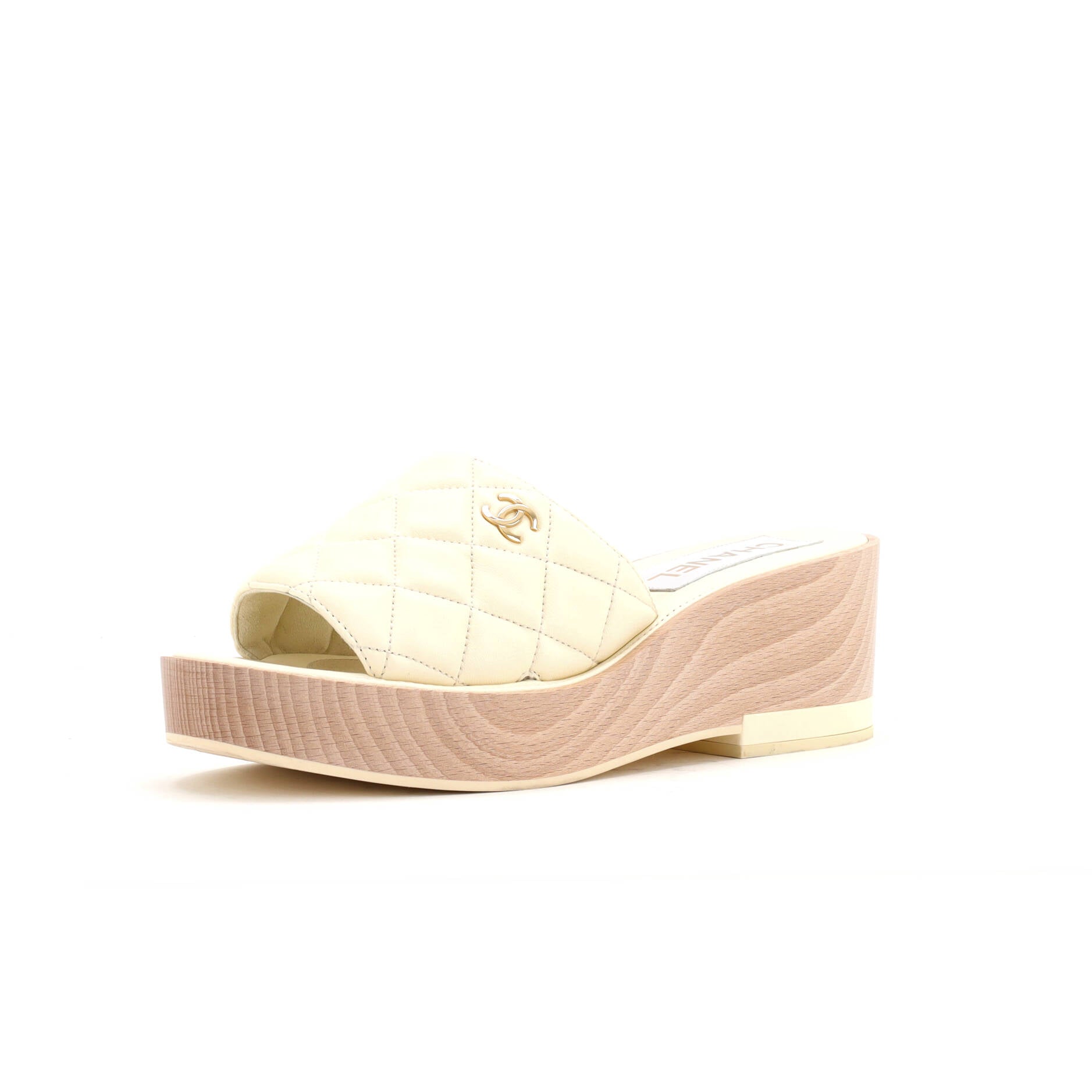 CHANEL Women's Open Toe Platform Sandals Quilted Leather and Wood