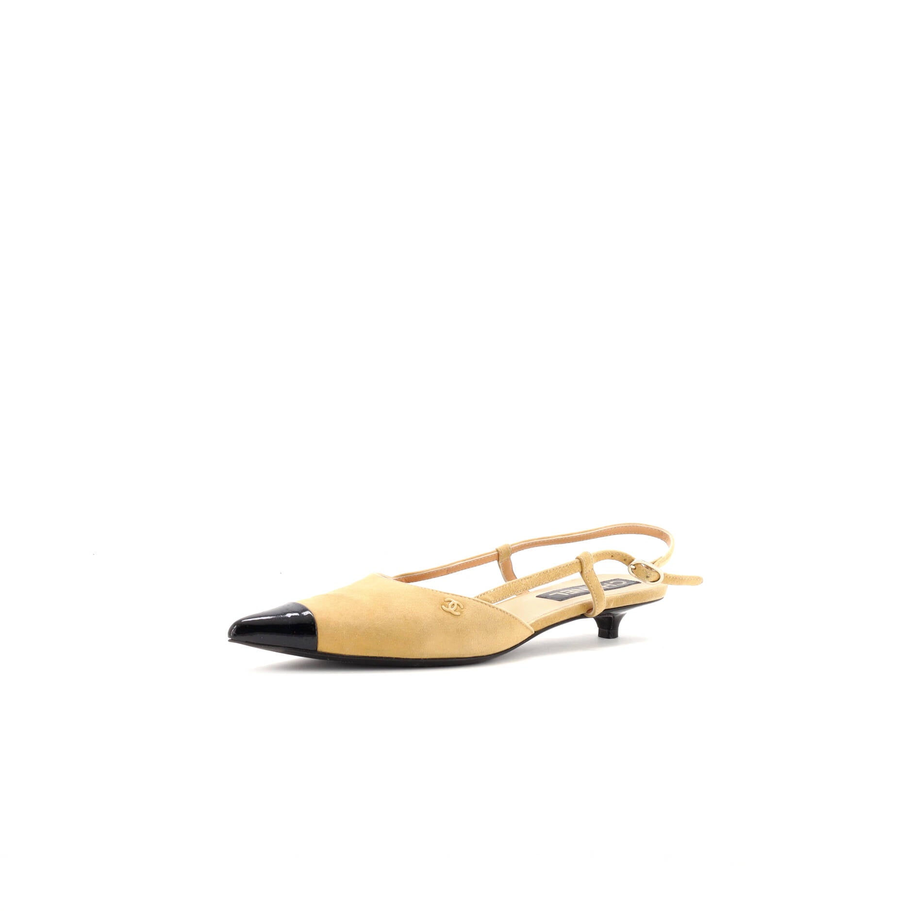 CHANEL Womens Pointed Cap Toe Slingback Kitten Heels Suede with Patent