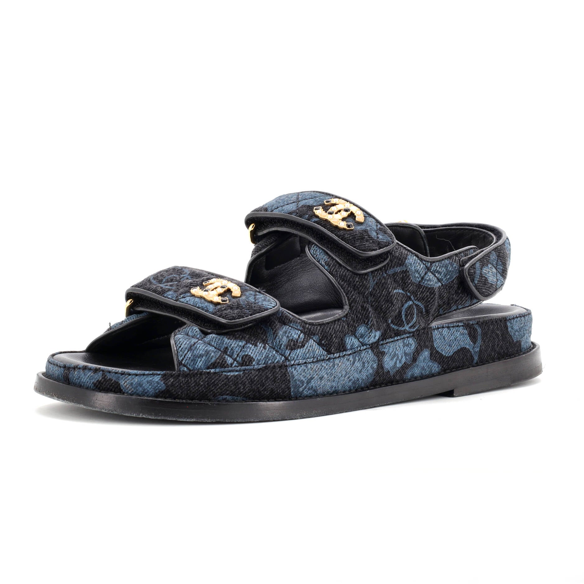 CHANEL Women's Velcro Dad Sandals Quilted Printed Denim