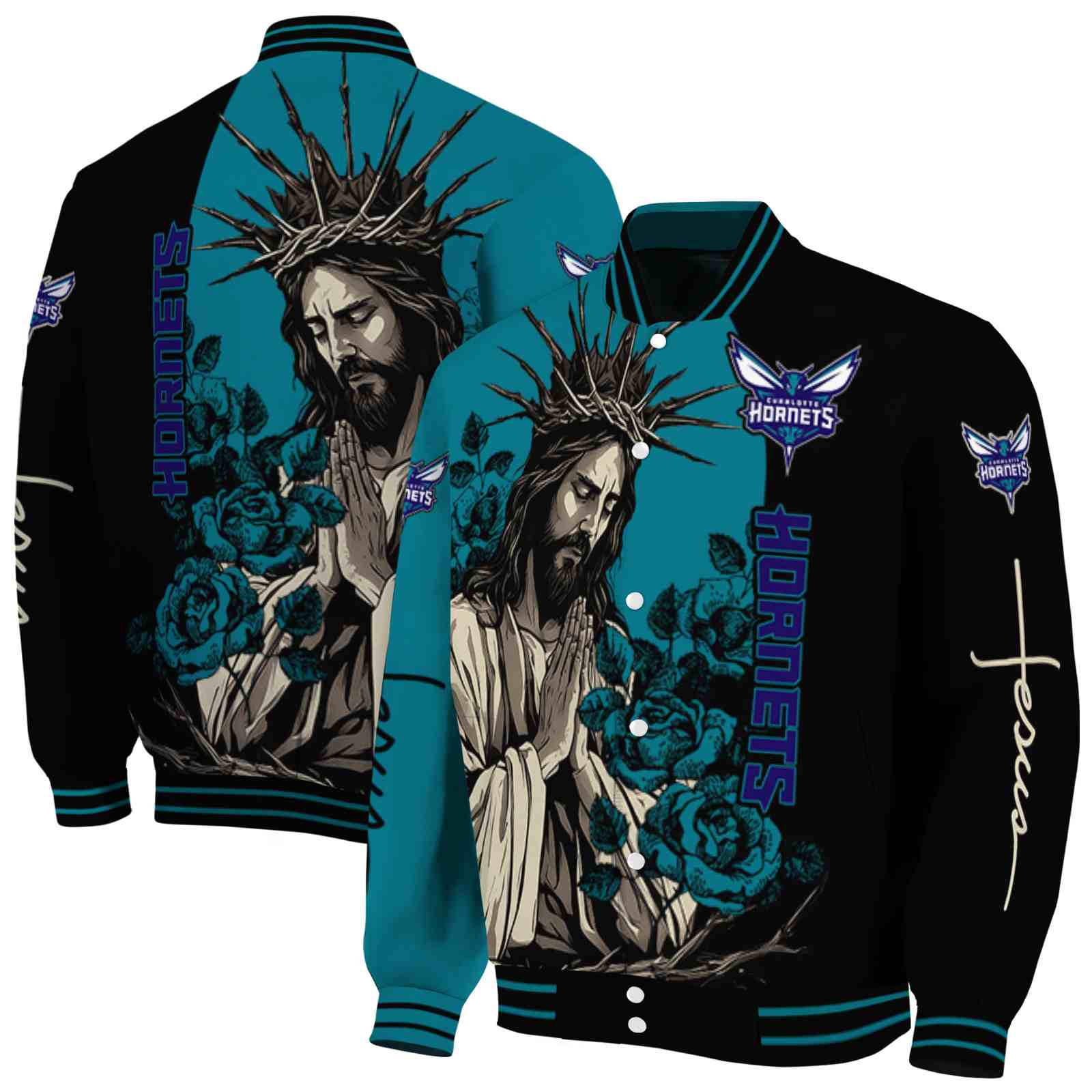 Charlotte Hornets NBA Hands In Prayer Teal Black Jacket Custom Gift For Sport Team Fans 