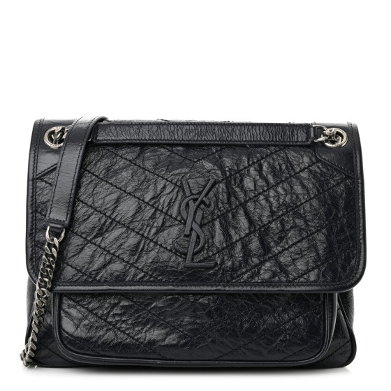 Crinkled Calfskin Matelasse Monogram Medium Niki Chain Satchel Deep Marine