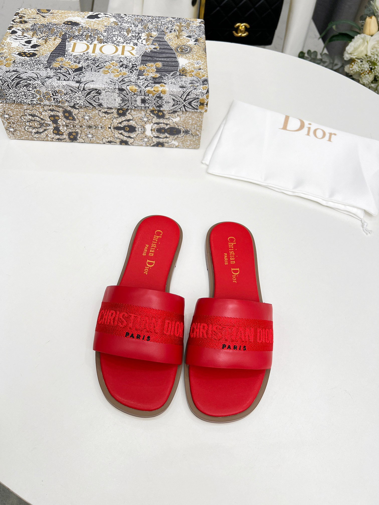Dior Dway Slide Cowhide Leather And Embroidered Cotton In Red