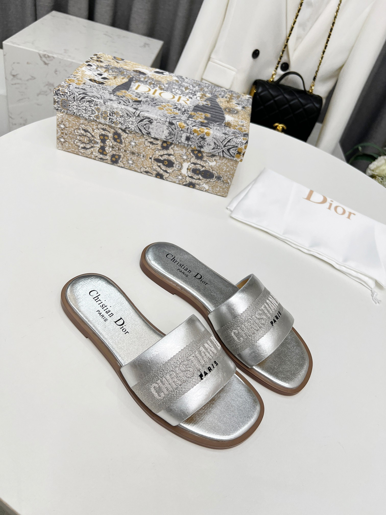 Dior Dway Slide Cowhide Leather And Embroidered Cotton In Silver