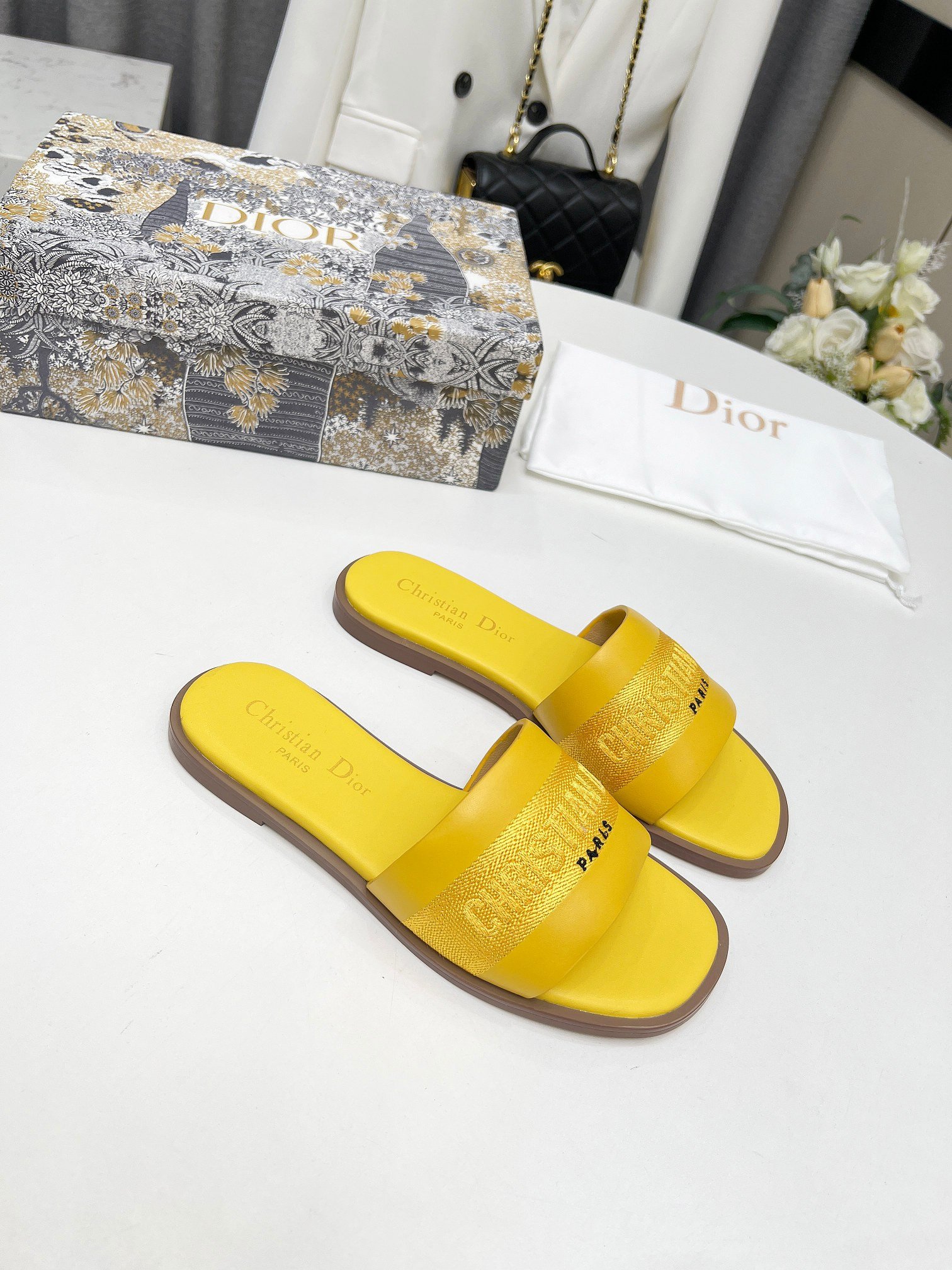 Dior Dway Slide Cowhide Leather And Embroidered Cotton In Yellow