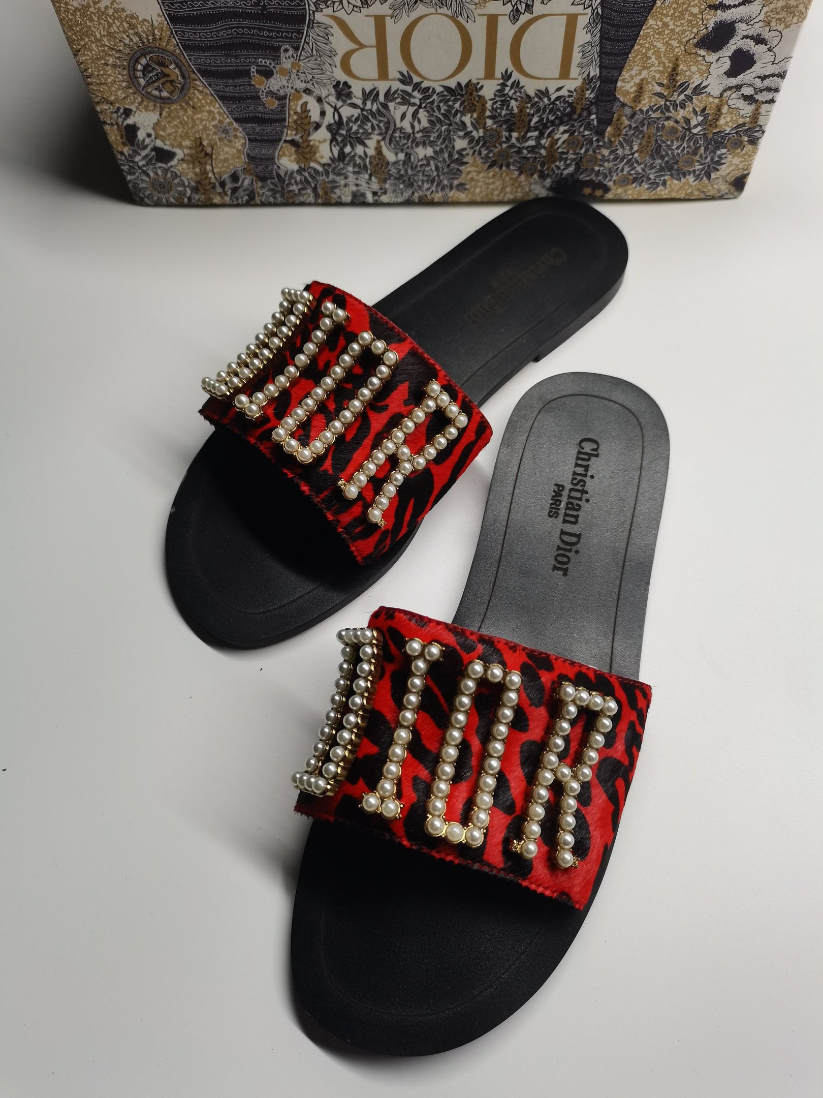 Dior Evolution Pearl Sandals Leopard Leather In Red/Black