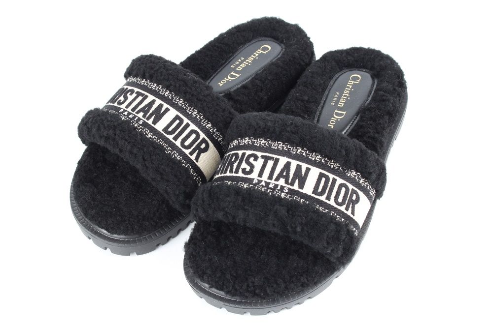 Dior Faux Shearling Logo Fur Mule Slipper 37