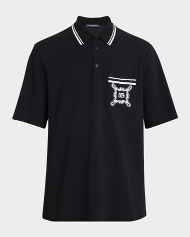 Dolce&Gabbana Men's Bandana-Print Pocket Polo Shirt Charcoal