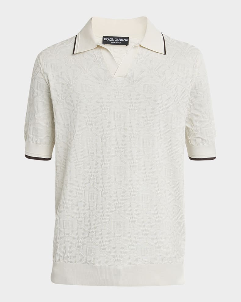 Dolce&Gabbana Men's Silk DG Jacquard Knit Polo Shirt White