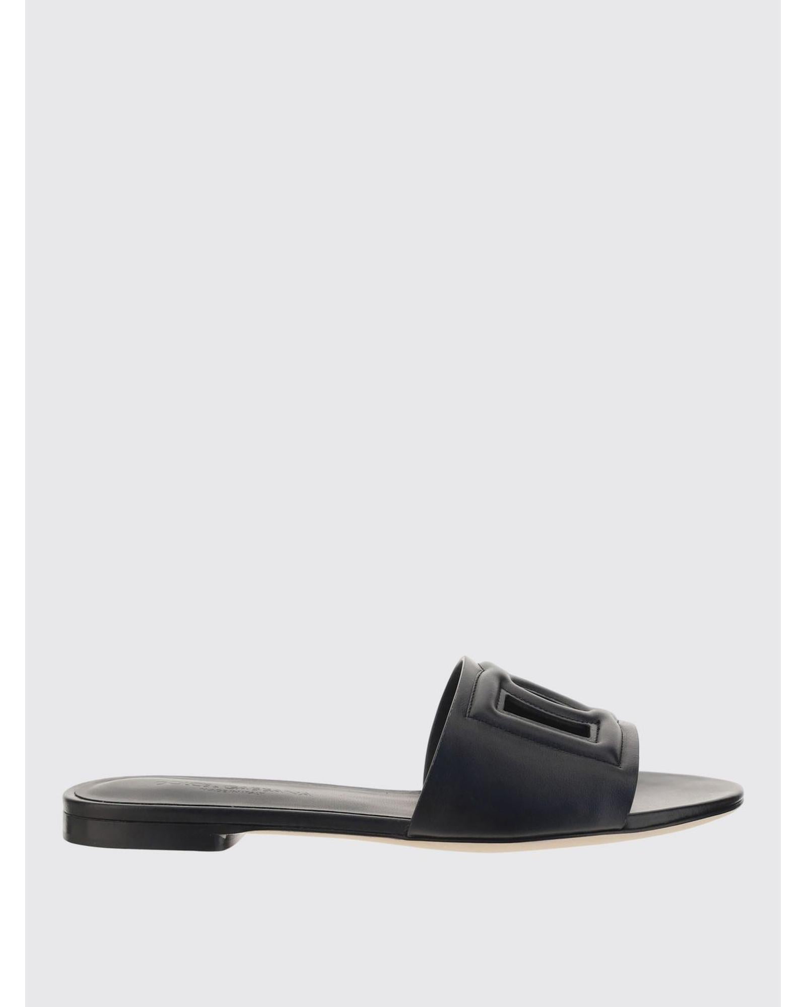 Dolce & Gabbana DG Leather Slides CutOut Design Women Black Sandals