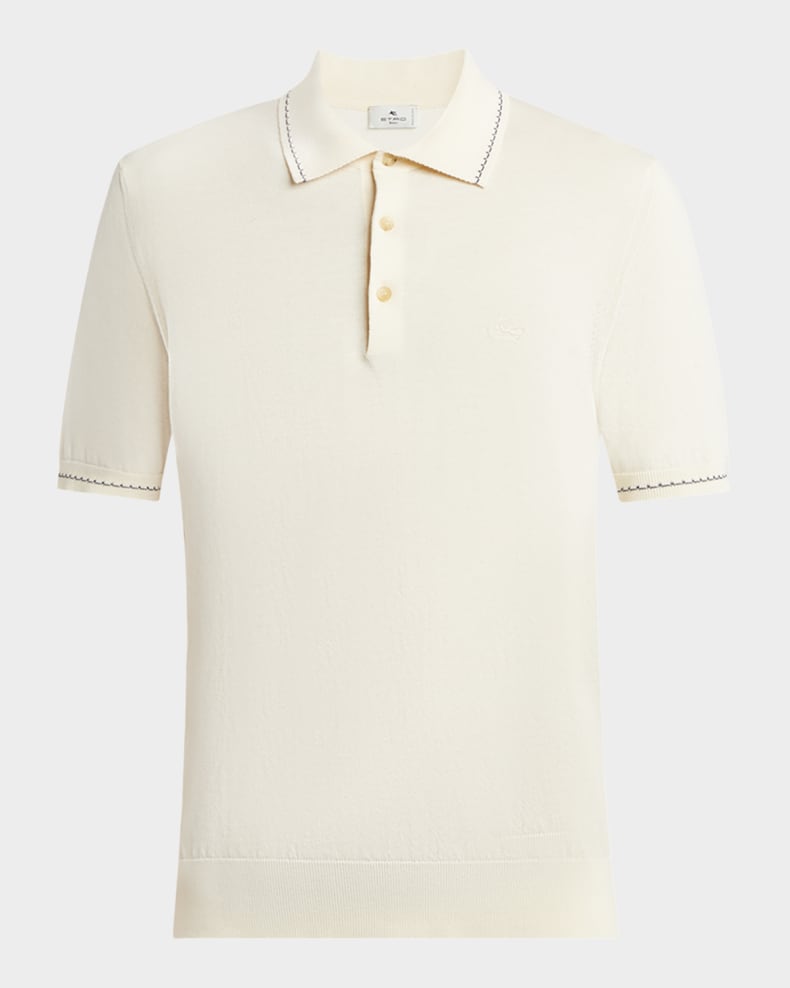 Etro Men's Cotton Knit Contrast-Stripe Polo Shirt Ivory 2