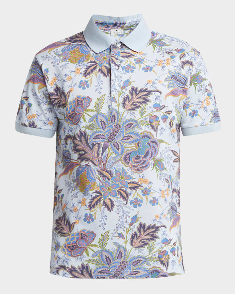Etro Men's Floral Palm Paisley Polo Shirt Print on pale blue b