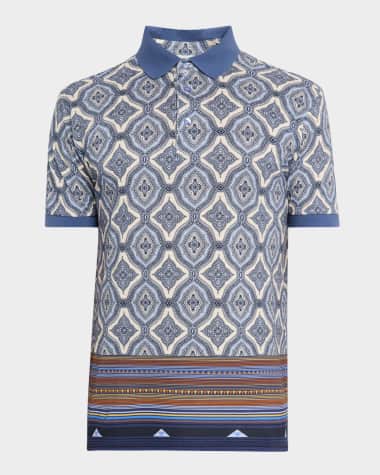 Etro Men's Medallion Stripes Polo Shirt Print on pale blue b
