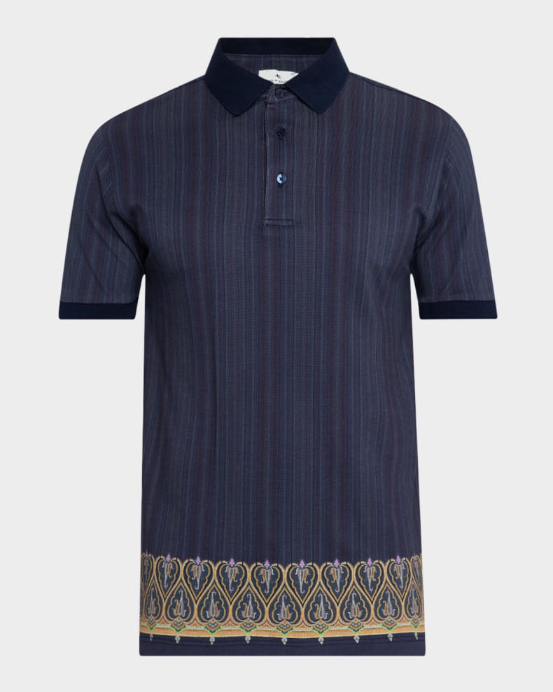 Etro Men's Medallion-Trim Polo Shirt Print on blue base