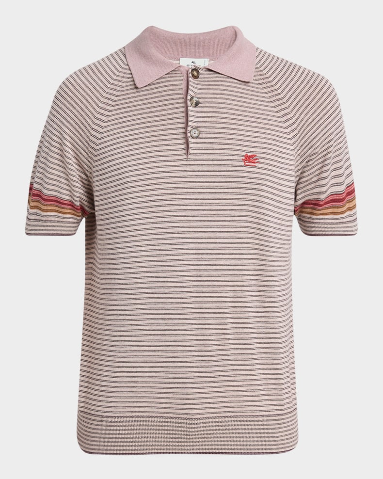 Etro Men's Striped Contrast-Sleeve Polo Shirt Stripes pink base