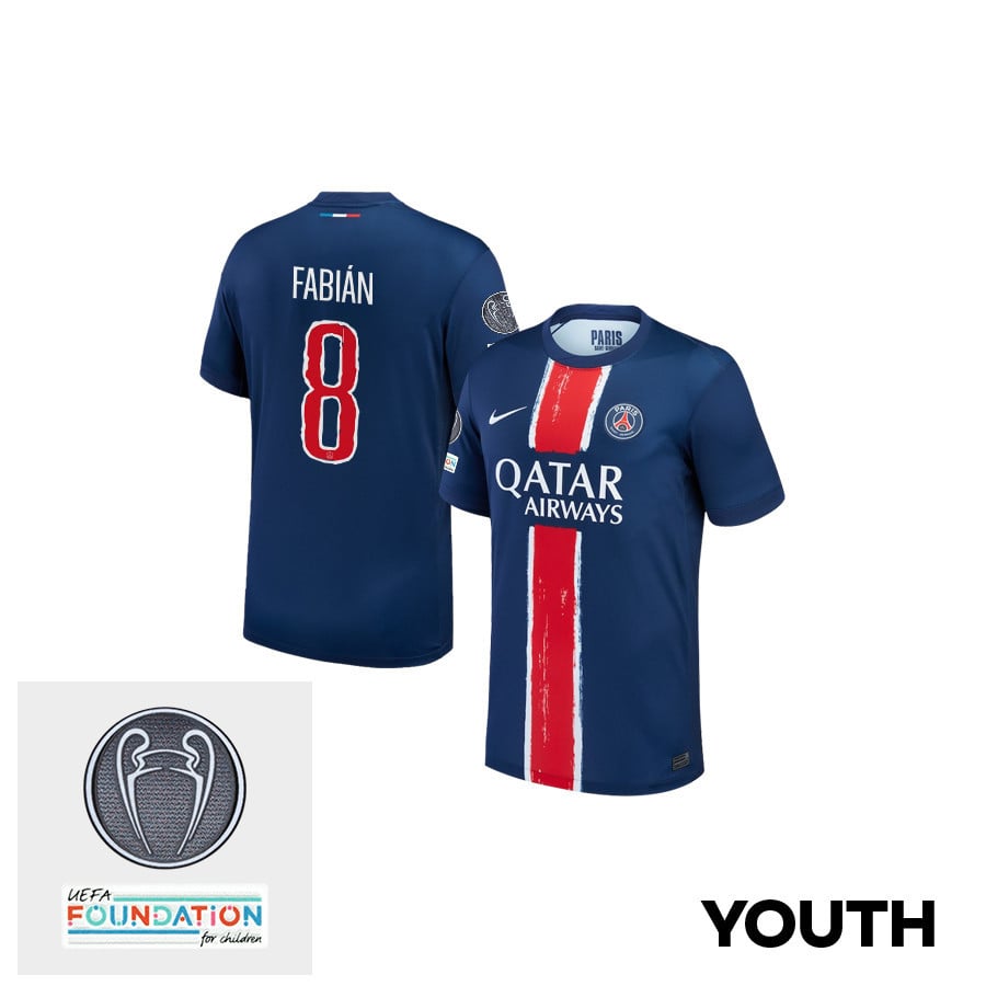 Fabin Ruiz 8 Paris Saint-Germain UEFA Champions League Titleholder 2024/25 Champions Home YOUTH Jersey - Blue