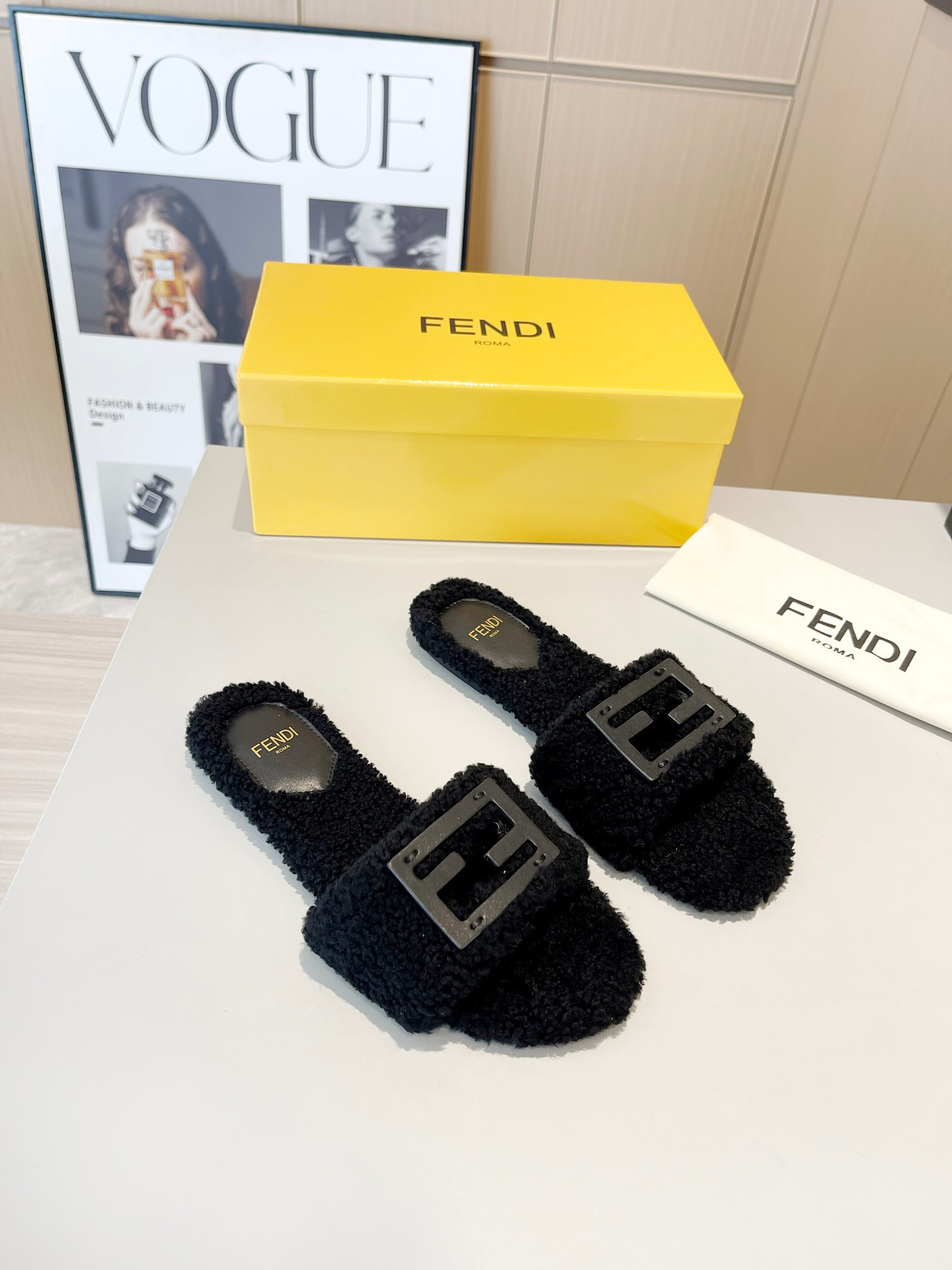 Fendi Baguette Shearling Slides In Black