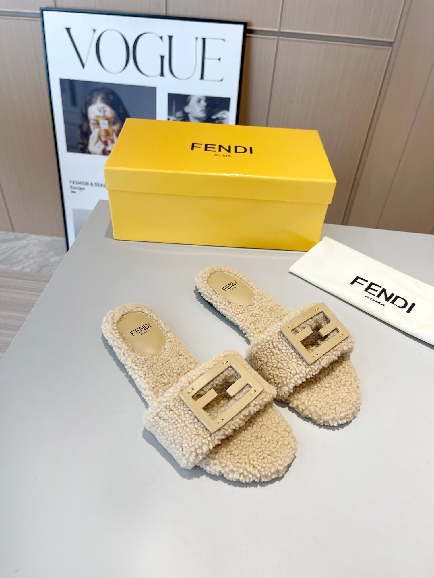 Fendi Baguette Shearling Slides In Blush Beige
