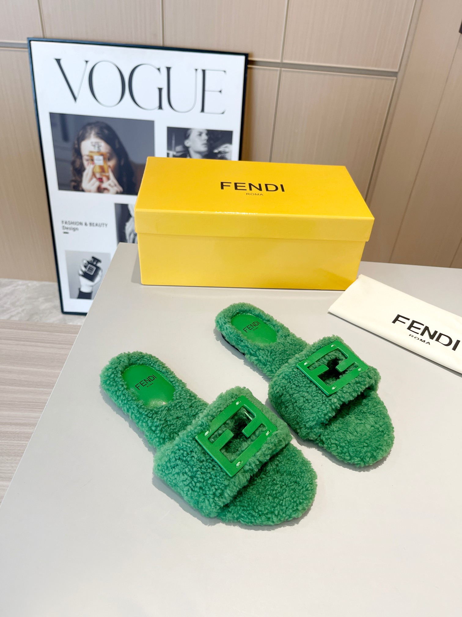Fendi Baguette Shearling Slides In Green