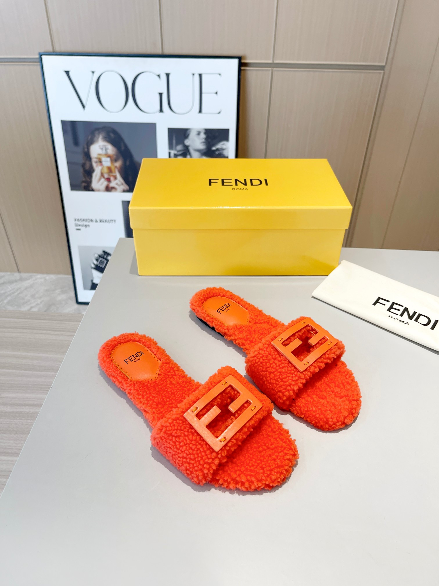 Fendi Baguette Shearling Slides In Orange