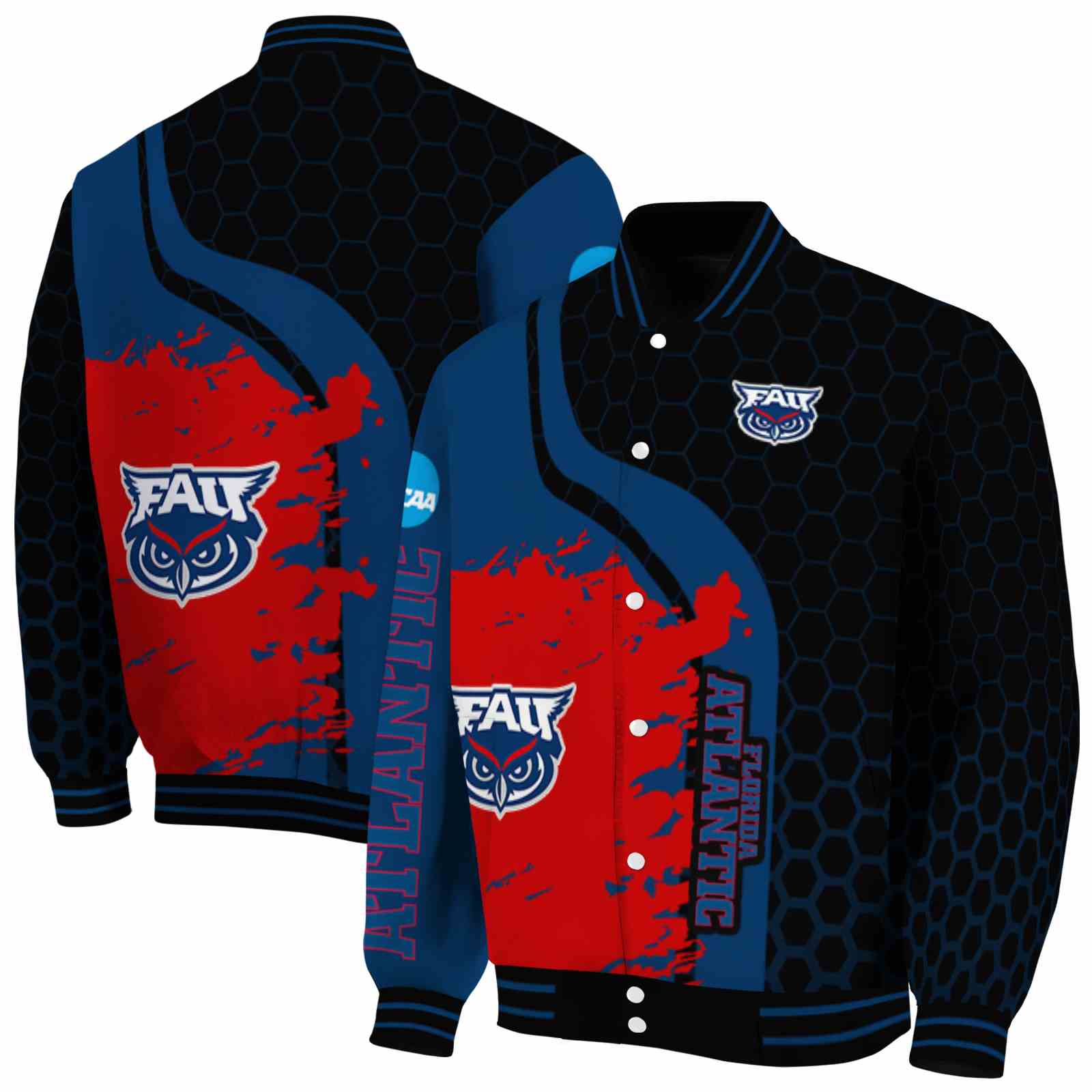 Florida Atlantic Owls NCAA Hexagonal Pattern Blue Black Jacket Gift For Sport Team Fans 
