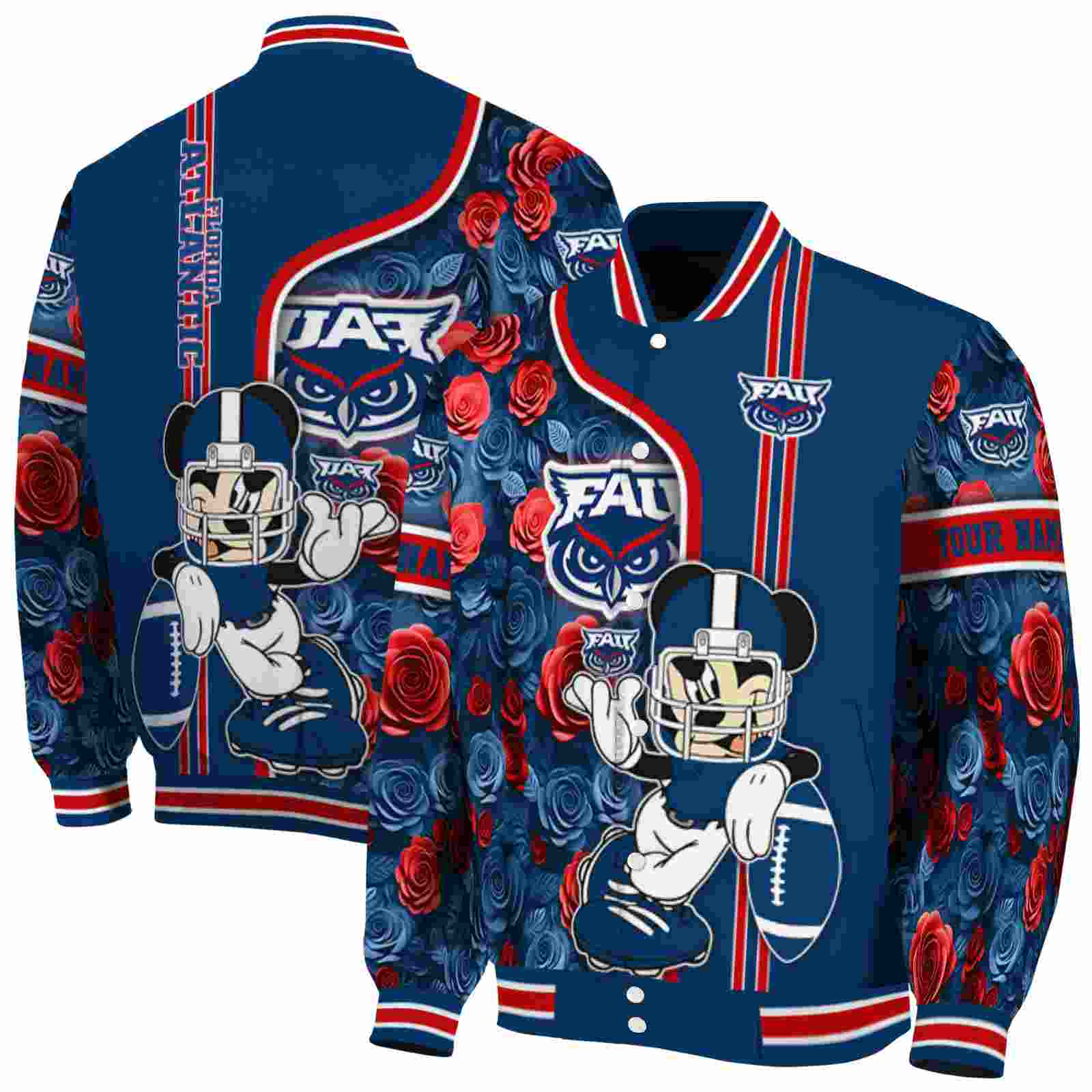 Florida Atlantic Owls NCAA Rose Mickey Blue Jacket Customized Gift For Sport Team Fans 