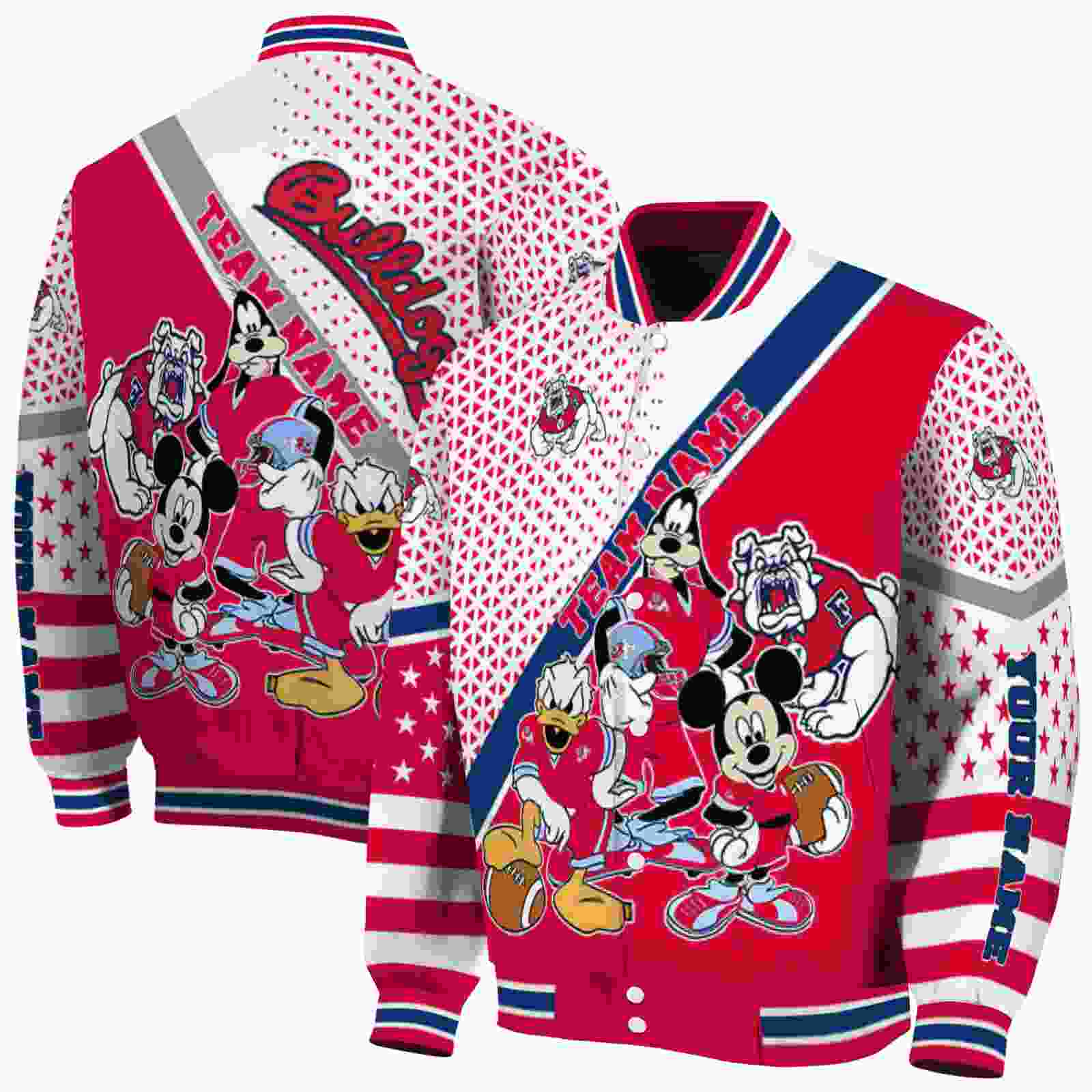 Fresno State Bulldogs Mickey Donald Goofy Red White Jacket NBA Jacket Personalized Gift For Sport Team Fans 