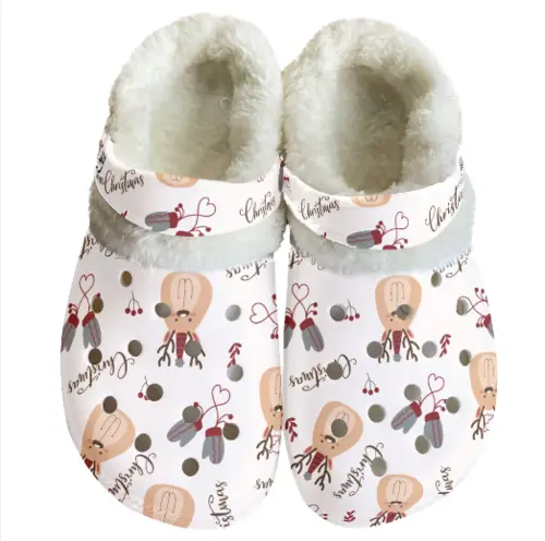 Fuzzy Light Pink Christmas Reindeer Fleece Lined Fleece Clogs