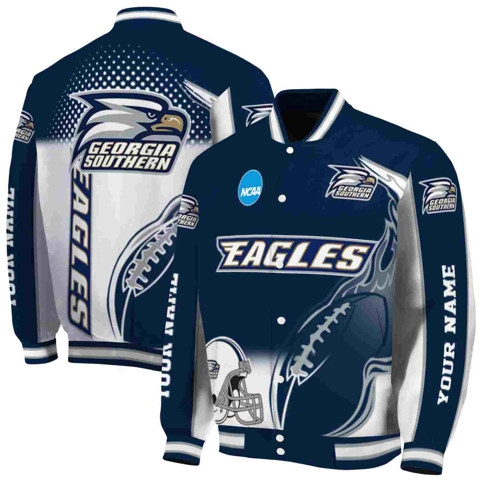 Georgia Southern Eagles NCAA Flaming Football Blue White Jacket Personalized Gift For Sport Team Fans 