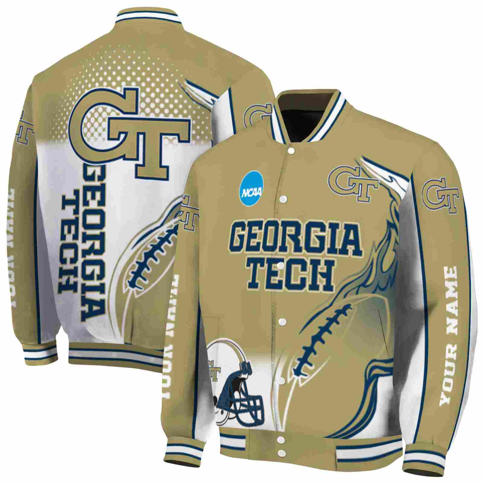 Georgia Tech Yellow Jackets NCAA Flaming Football Gold White Jacket Customized Gift For Sport Team Fans 