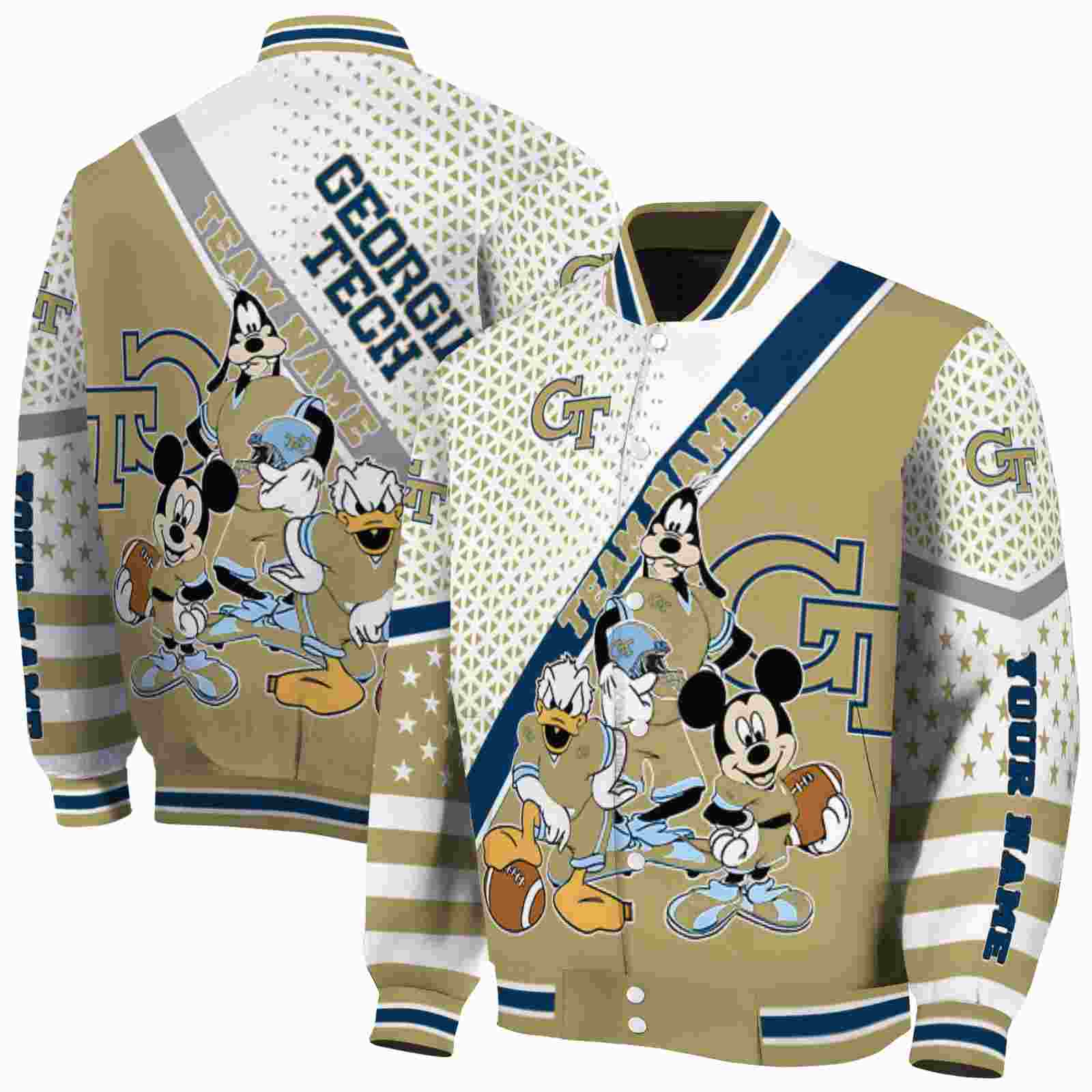 Georgia Tech Yellow Jackets NCAA Mickey Donald Goofy Gold White Jacket Custom Gift For Sport Team Fans 