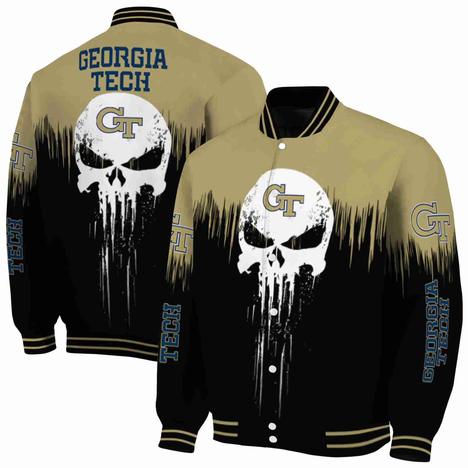 Georgia Tech Yellow Jackets NCAA Punisher Skull Gold Black White Jacket Custom Gift For Sport Team Fans 