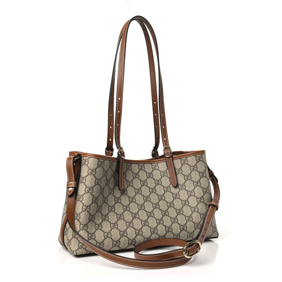 GG Supreme Monogram Emblem Small Tote Bag Beige Dark Brown - Image 3