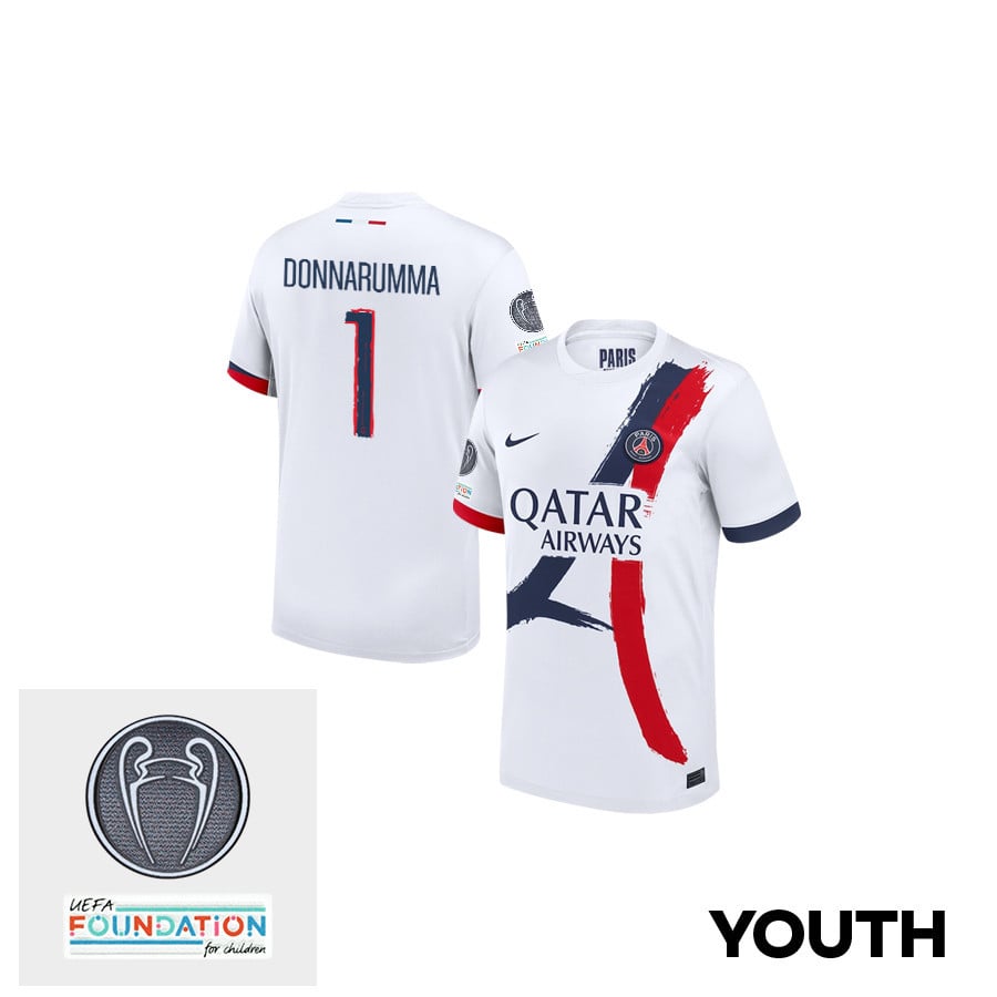 Gianluigi Donnarumma 1 Paris Saint-Germain UEFA Champions League Titleholder 2024/25 Champions Away YOUTH Jersey - White