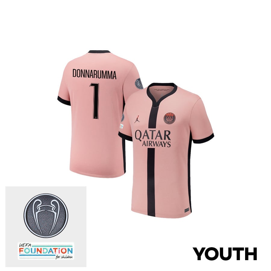 Gianluigi Donnarumma 1 Paris Saint-Germain UEFA Champions League Titleholder 2024/25 Champions Third YOUTH Jersey - Pink