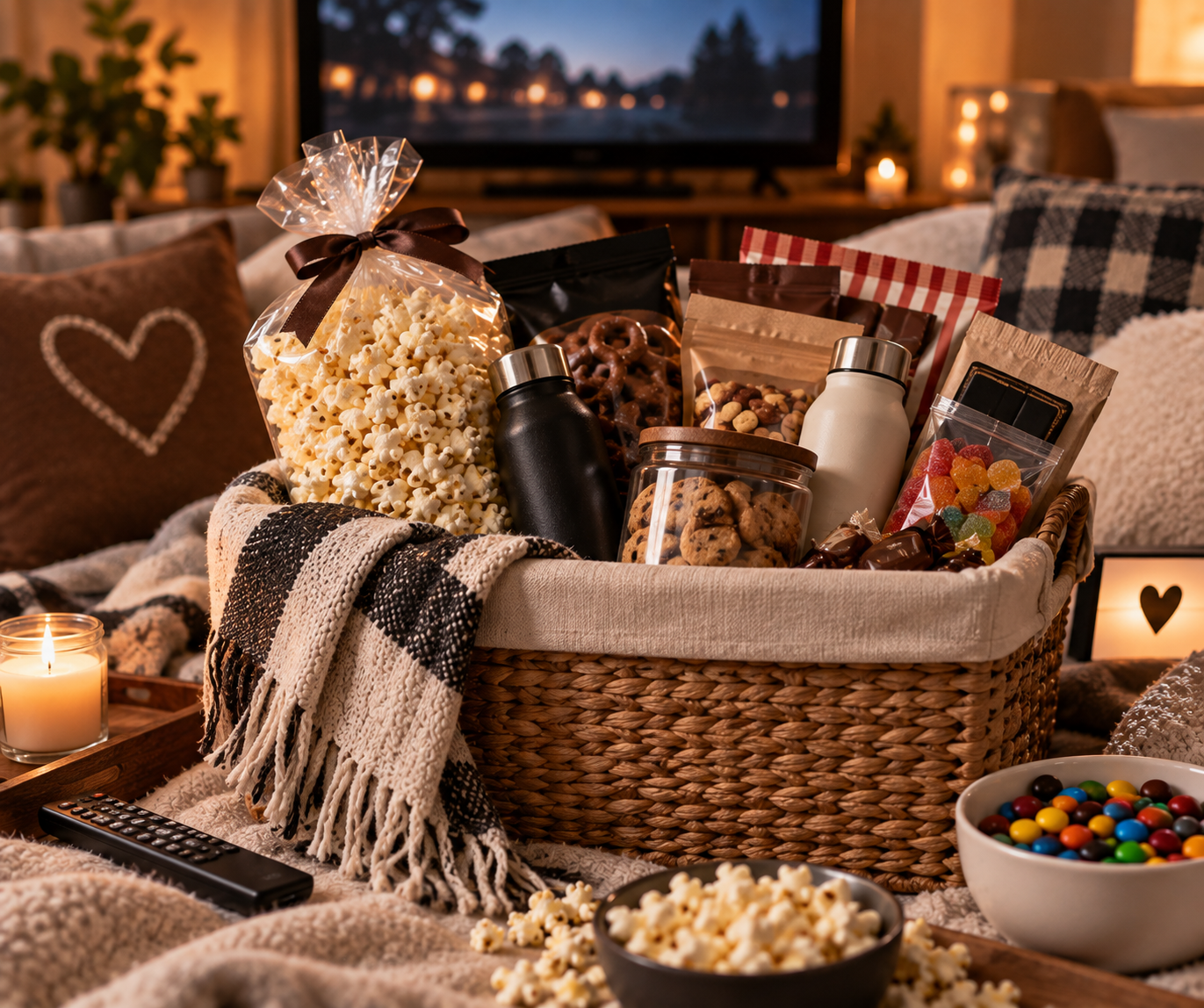 Gift for 1 month anniversary: Cozy Indoor Movie Night Basket for Her and Him