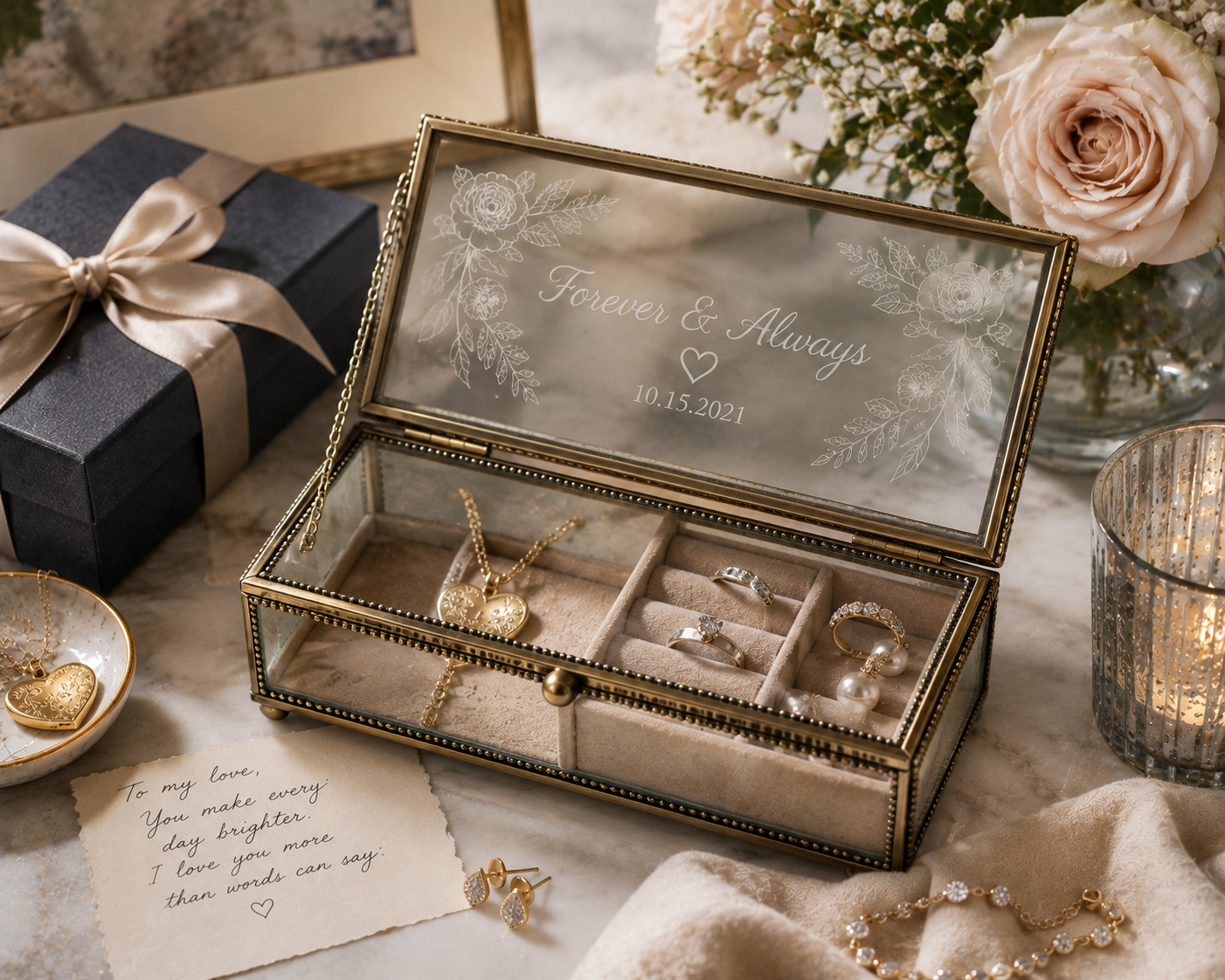 3rd Anniversary Gifts: Engraved Glass Jewelry Box