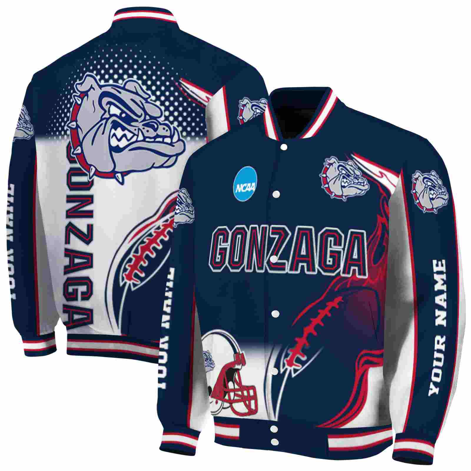 Gonzaga Bulldogs NCAA Flaming Football Blue White Jacket Personalized Gift For Sport Team Fans 