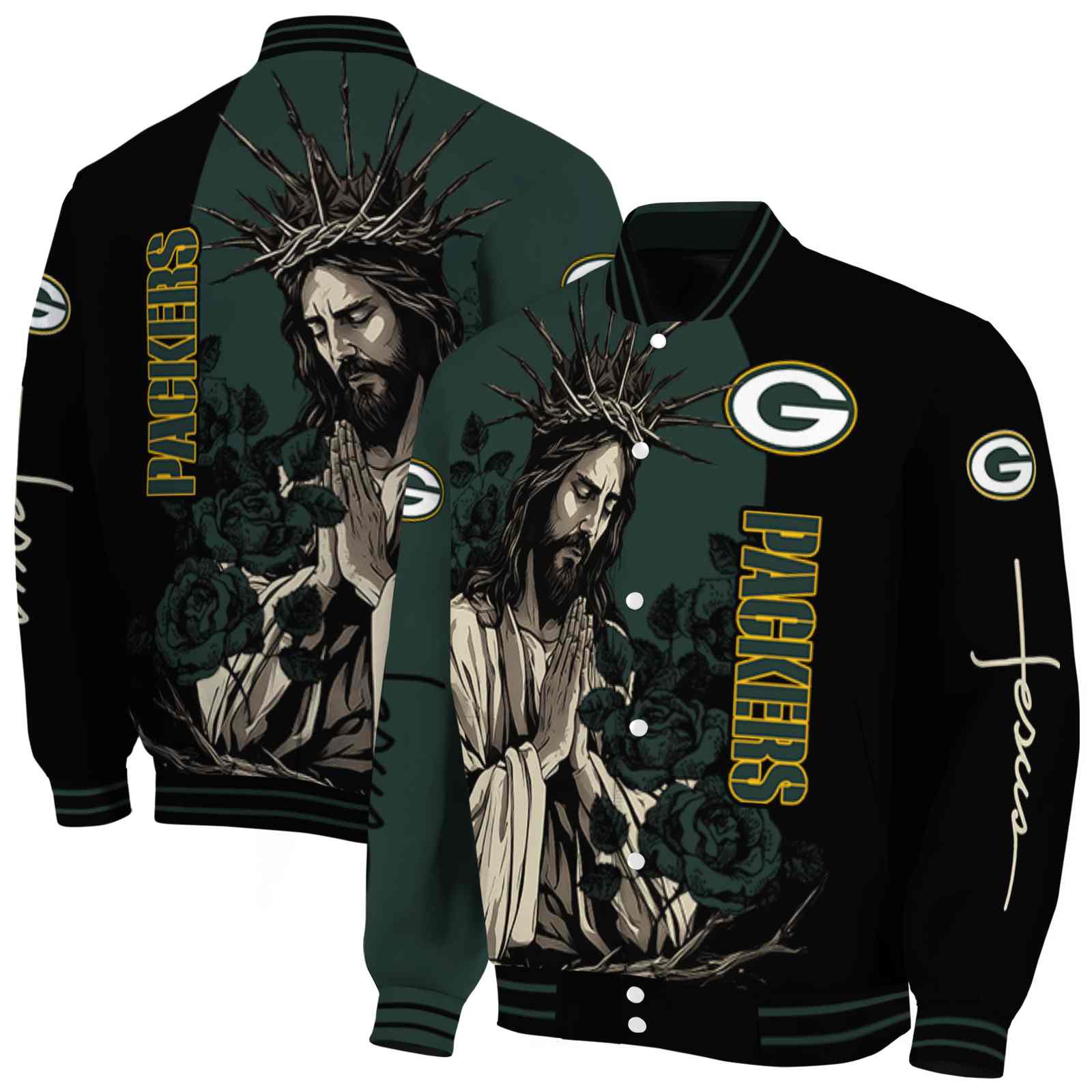 Green Bay Packers NCAA Hands In Prayer Green Black Jacket Custom For Football Fans