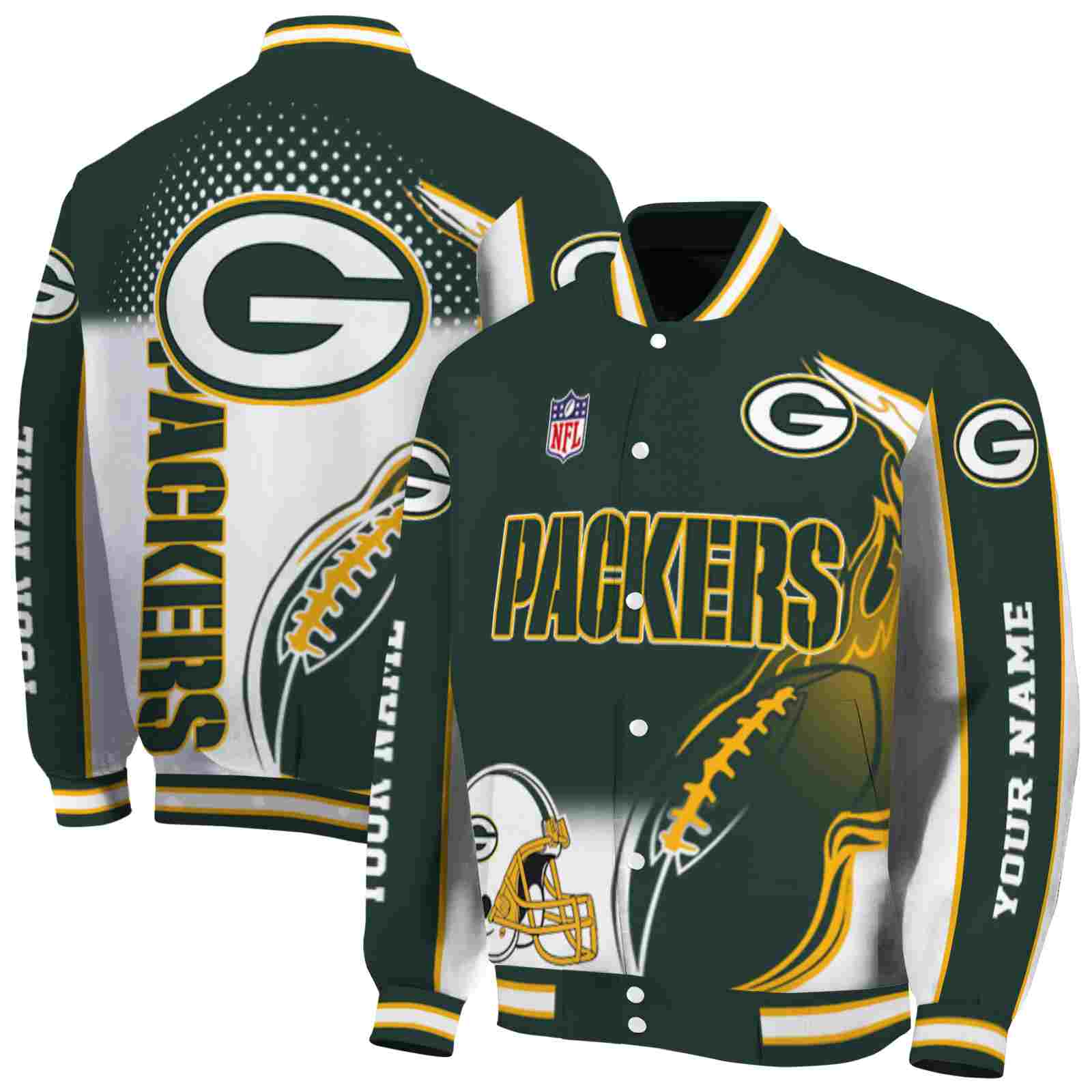 Green Bay Packers NFL Flaming Football Green White Jacket Custom Gift For Sport Team Fans 
